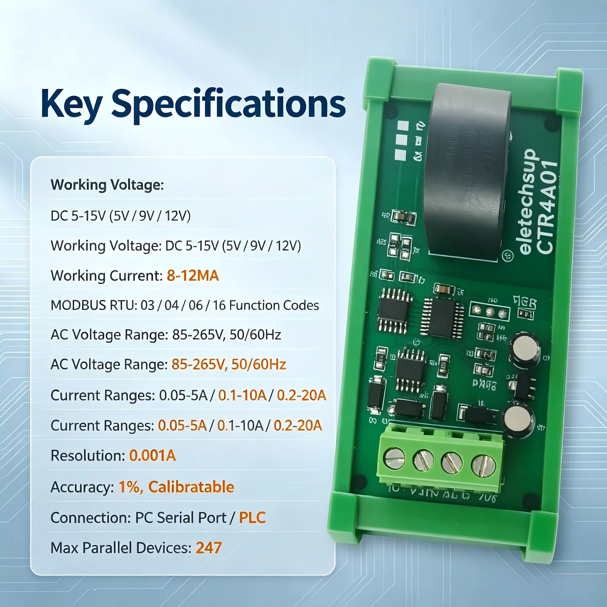 RS485 Current Collector Ammeter Modbus PLC AC Current Analog Acquisition Module for 110V 220V 50Hz 60Hz Industrial Use
