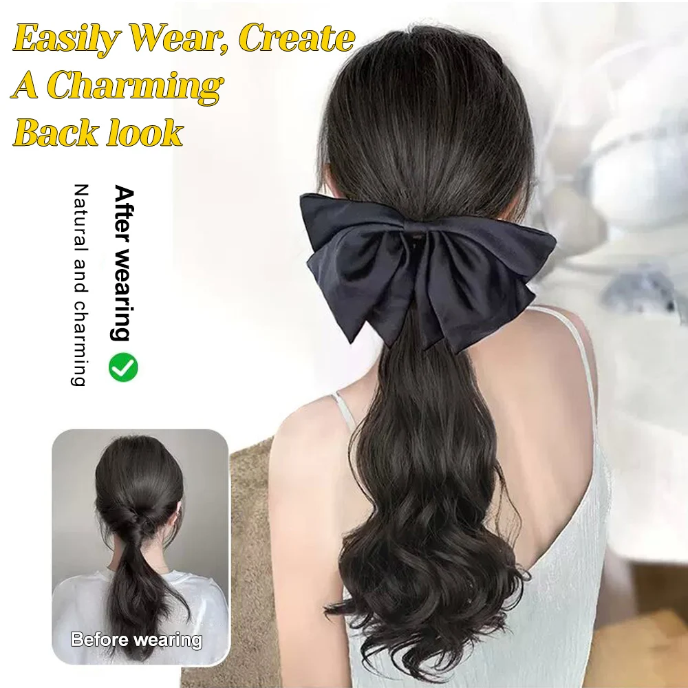 ALXNAN HAIR Synthetic Long Curly Hair Claw Ponytail Wig Bow TieCurly Hair False Ponytail Fluffy Hair