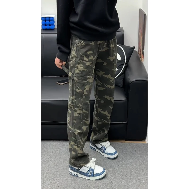 

American Style Men's Spring Autumn Workwear Pants High Street Straight Leg Camouflage Jeans Youth Trendy High Waist Long Trou...