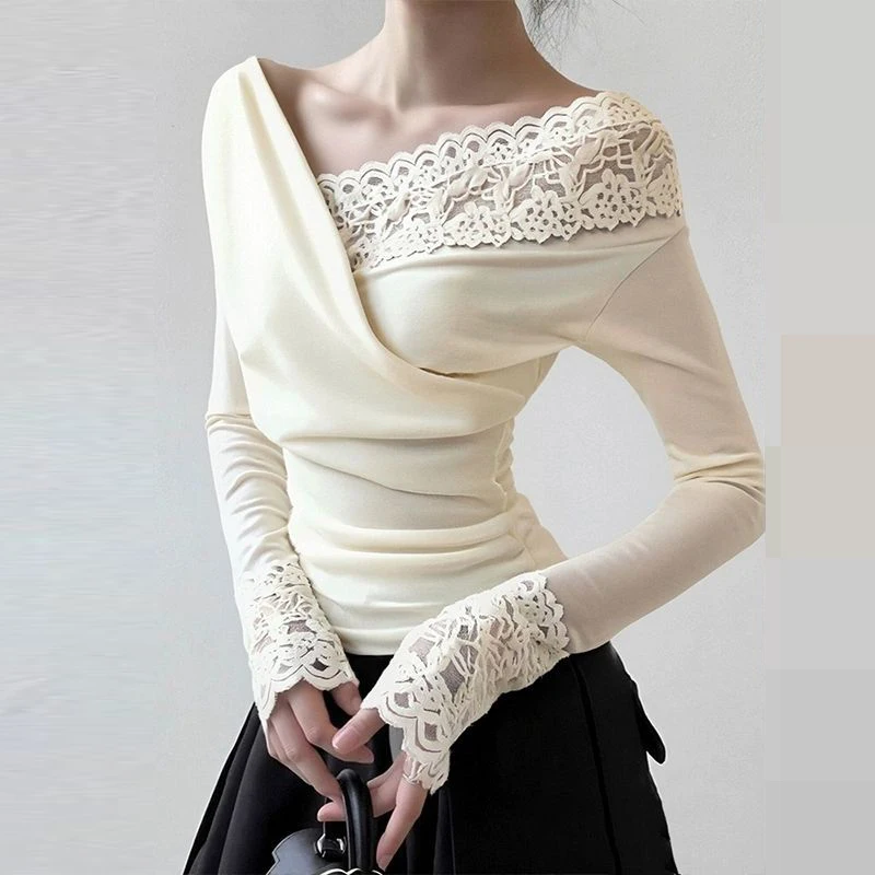 

Design cross V-neck slanted shoulder waist top women's autumn and winter slim lace splicing long-sleeved top