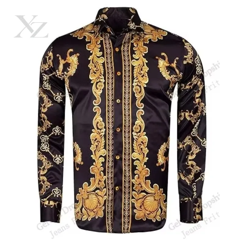 Long Sleeve Luxury Golden Shirt Baroque Style Floral Elegant 3d Print Hawaiian Shirt Men Women Fashion Casual Shirt Beach Blouse