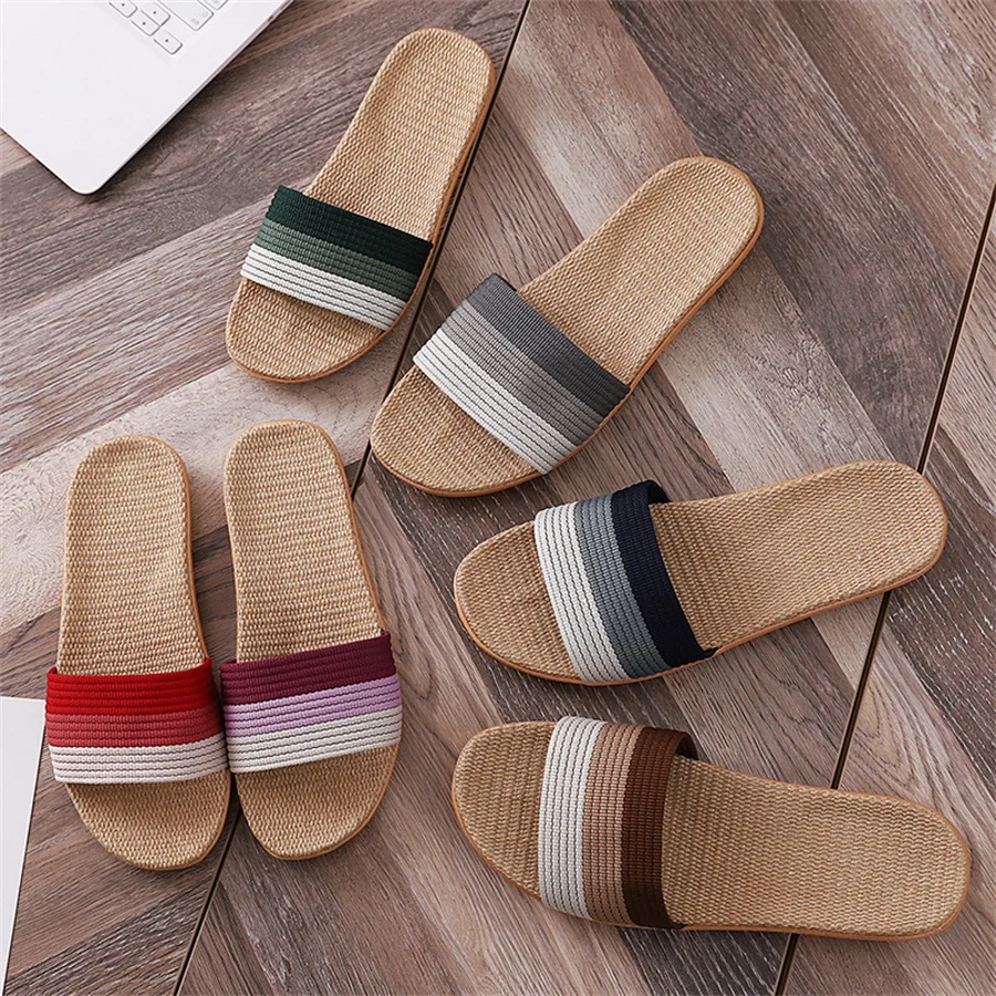 Linen Slippers For Men, Suitable For Indoor Home Use In Summer, Non-Slip And Silent, Thickened Sole For Wood Floors