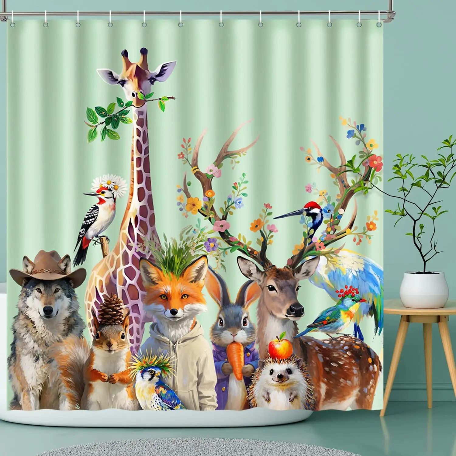 Forest Animal Group Shower Curtain, Colorful Cartoon Wildlife Floral Art Print Waterproof Bath Curtain Complete With Hooks