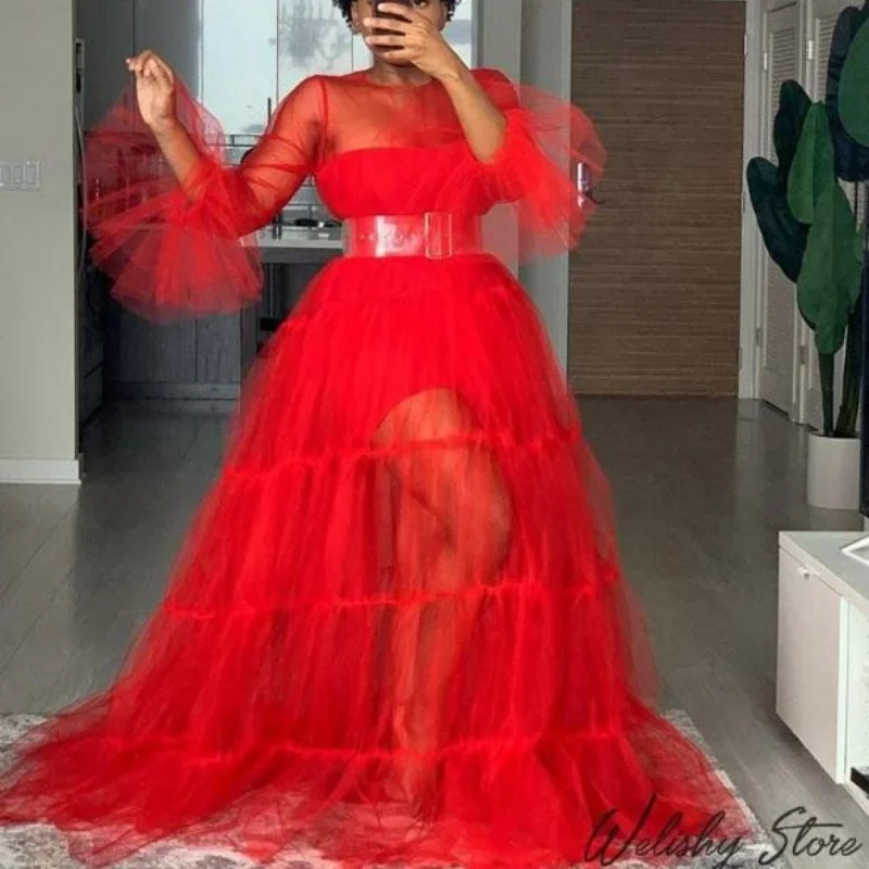 Lato 2025 nowa damska sukienka Maxi Sling Mesh z długim rękawem sukienki imprezowe typu swing plisowane ciasto Vestidos