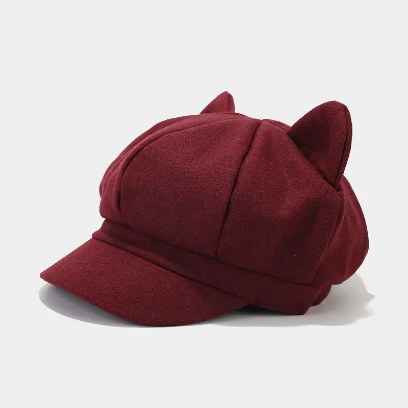 Autumn/Winter Cute Cat Ears Comfortable Breathable Octagon Hat British Vintage Cap Female Solid Color Painter Hat Travel Beret