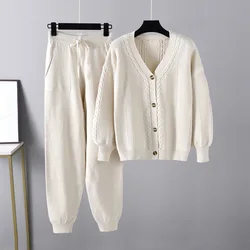 Knitted Pants Set Two-piece Female Clothing Fried Dough Twists Cardigan Solid Color Suit Loose Sweater Plus Size Autumn Winter