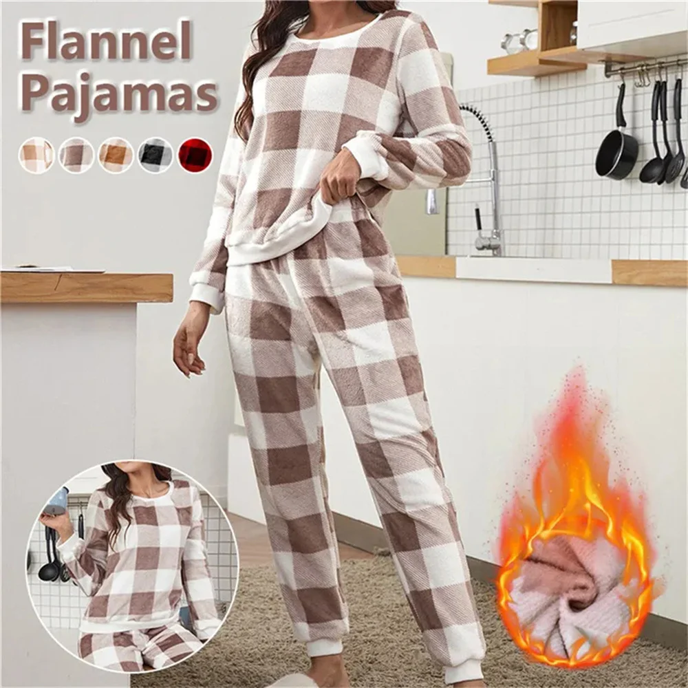 Women Pajama Sets Autumn Winter Warmer Plush Ladies Pyjamas Plaid Flannel Loung Sleepwear Girl Pijama Mujer Night Suits Homewear