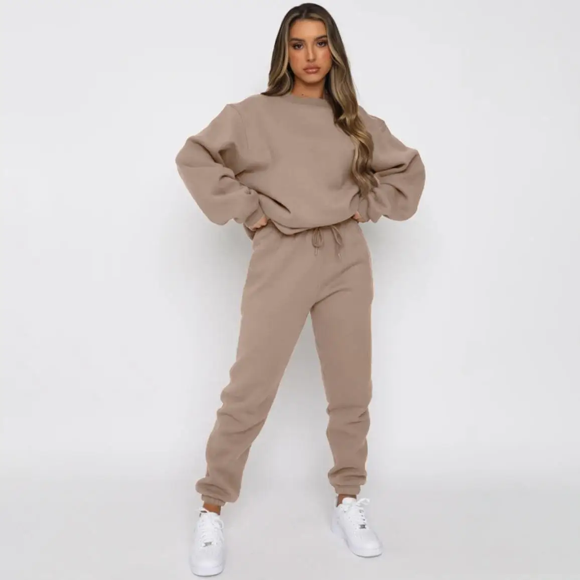 Conjunto de Moletom Casual Feminino de Manga Longa, Pulôver de Cor Pura com Calças, Roupas Elegantes para Outono e Inverno