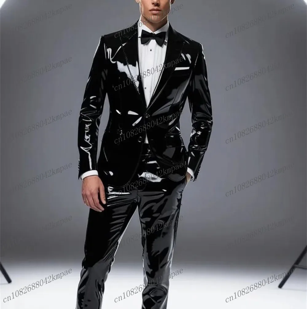 

Blue PU Leather Men Suit Formal Occasion Groom Groomsman Wedding Party Prom Male Business Tuxedos 2 Piece Set Blazer Pants