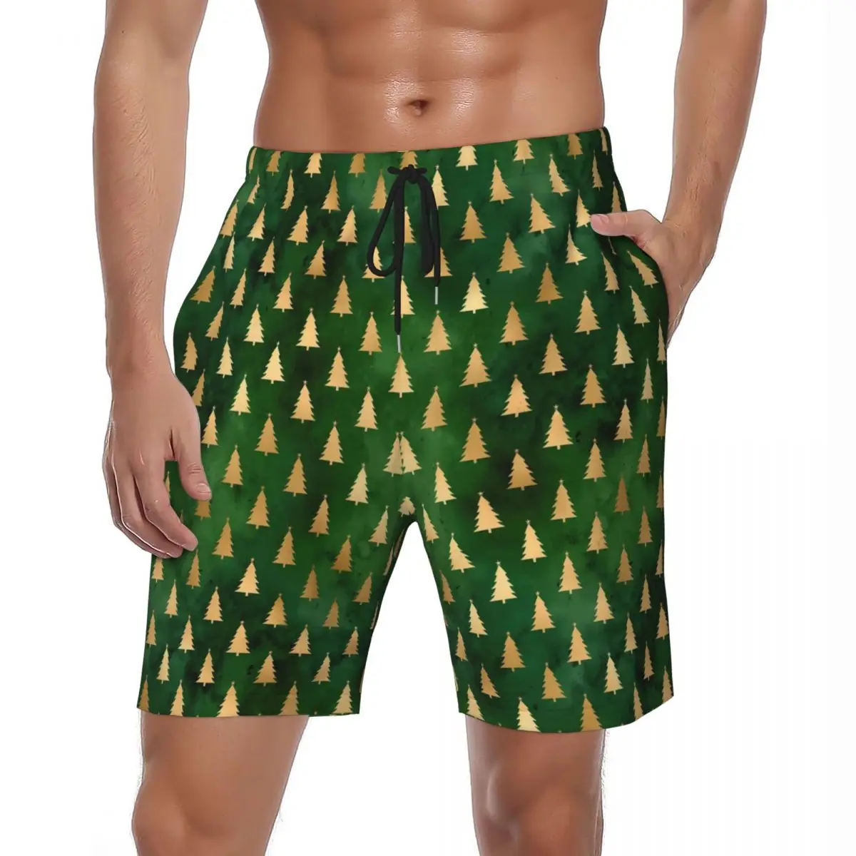 Summer Board Shorts Man Winter Christmas Tree Running Surf Green Gold Design Board Short Pants Classic Quick Drying Beach Trunks