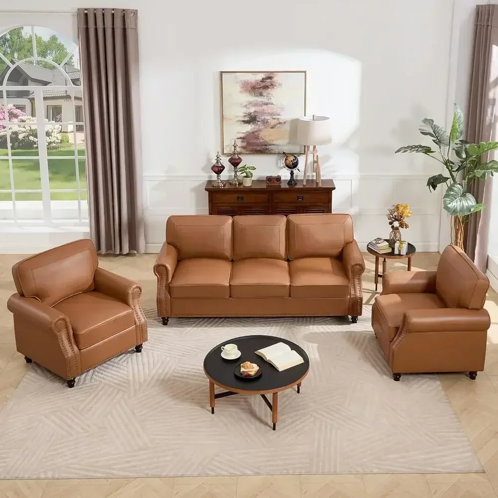 3 Seater Soa, -Century ern aux Leather Couch Set or Living Room, Brown with Rolled Arms & NailTrim, Easy Assembly