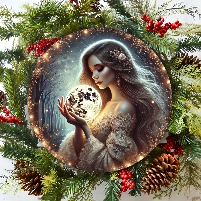 

Mystical Moon Goddess 8" Round En Wall Art - Enchanting Winter Scene With Pine & Berries - Waterproof, Weather-Resistant Decor F