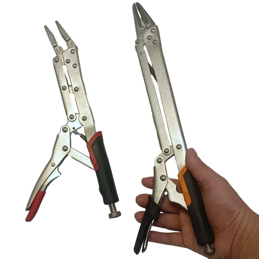 2Pcs 12 and 15Inch Extra Long Reach Vise-Grip TPR Handle Long-Nose Straight Locking Pliers  Hand To Reach Vehicle Repair Tools