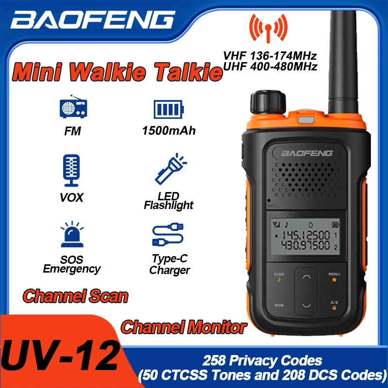 Baofeng UV-12 Walkie Talkie Dual Band VHF UHF 1500mAh Two Way Radios UV12 Portable FM Radio Support Type-C Charging Mini Radio