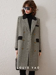 LOUIS YAO 2024 Winter Striped Double-Breasted Mid-Length Women's Coat Commuter Contrast Color Splicing Lapel Long-Sleeved Jacket