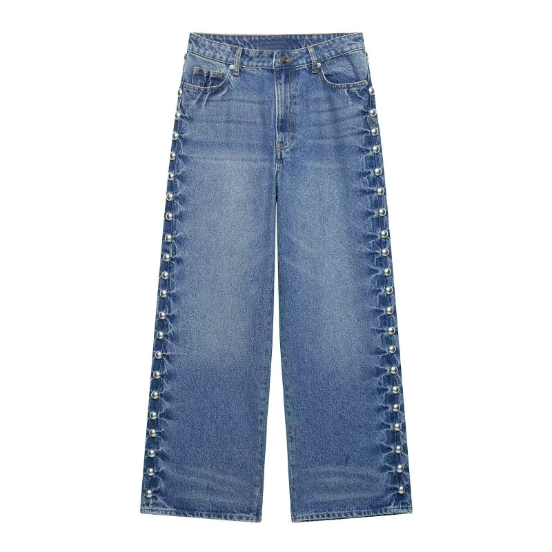 Women Jeans Pearls Spiced Straight Denim Pants Streetwear Pocket Casual Washed Button Trousers Elegant High Waist Autumn 2025