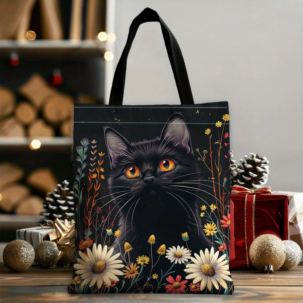 Stylish Element 1pc Black Cat and Flowers Pattern Tote Bag, Perfect for Shopping, Cheap, And Repeated Use