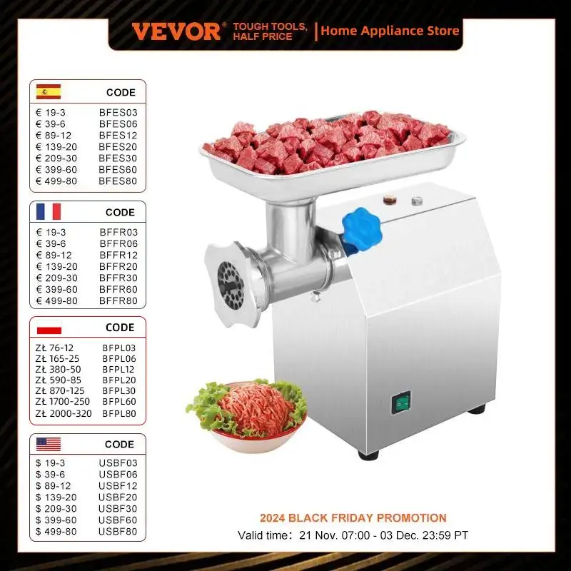 VEVOR Máquina Picadora de Carne del Acero Inoxidable 75 kg por Hora Picadora de Carne Eléctrica Embutidora de Salchichas