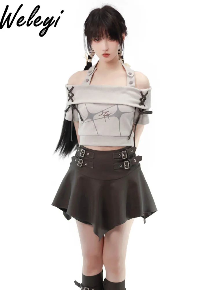 Sweet Cool Girl Bandage Halter Tee Top Student 2024 Autumn New Lolita Adjustable Buckle Belt Irregular Short Skirts for Women