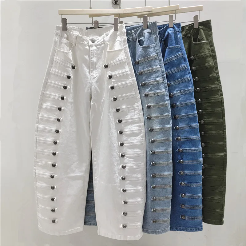 

American Retro Metal Buckle Design Scimitar Jeans, Women's Streetwear Hot Girl High Waist Slimming Wide Leg Mop Pants Trendy