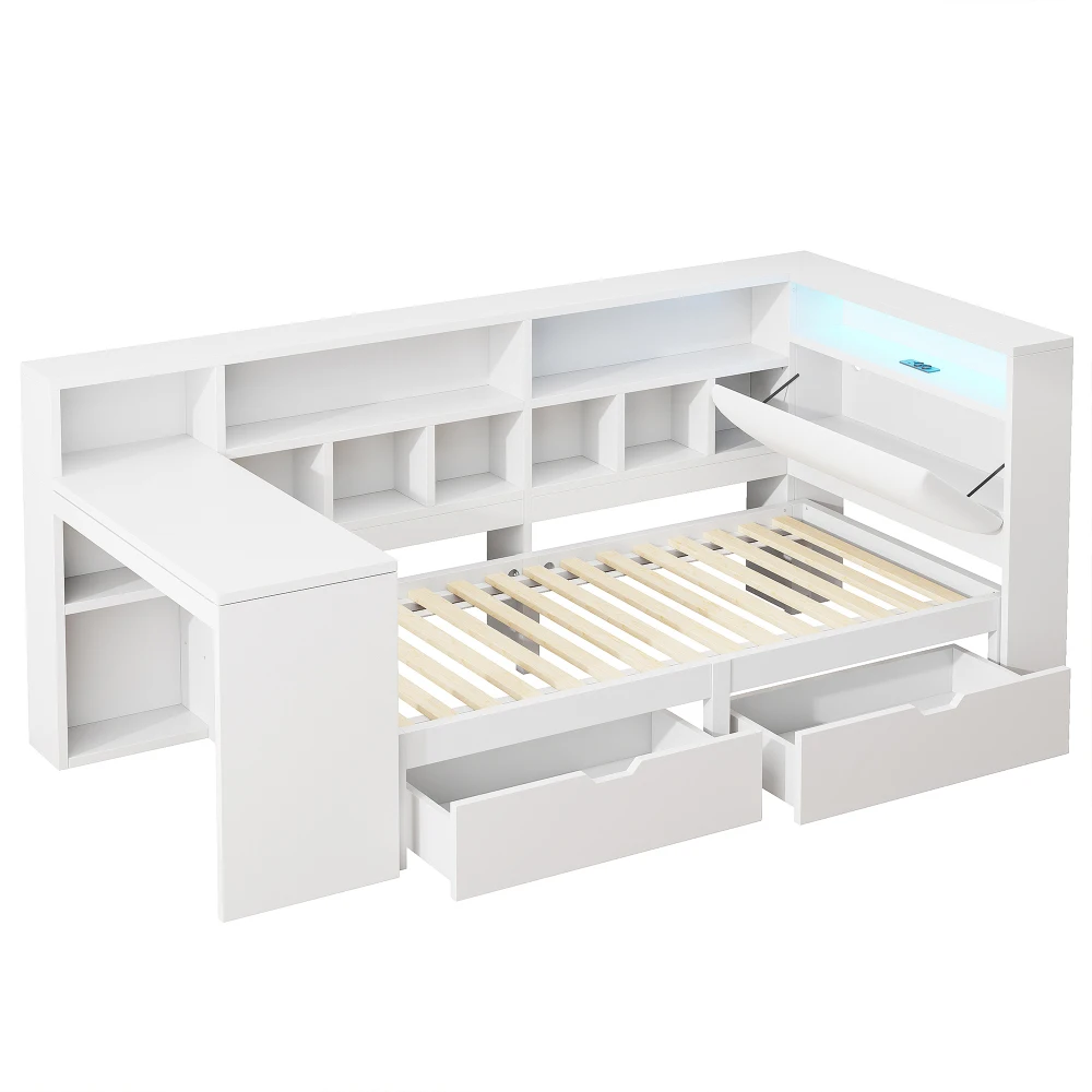 90x200 L-förmiges Plattformbett aus Holz mit Schreibtisch und Bücherregal, Eckkapitänsbett mit gepolstertem Kopfteil, Schubladen, LED-Licht – Detail 10