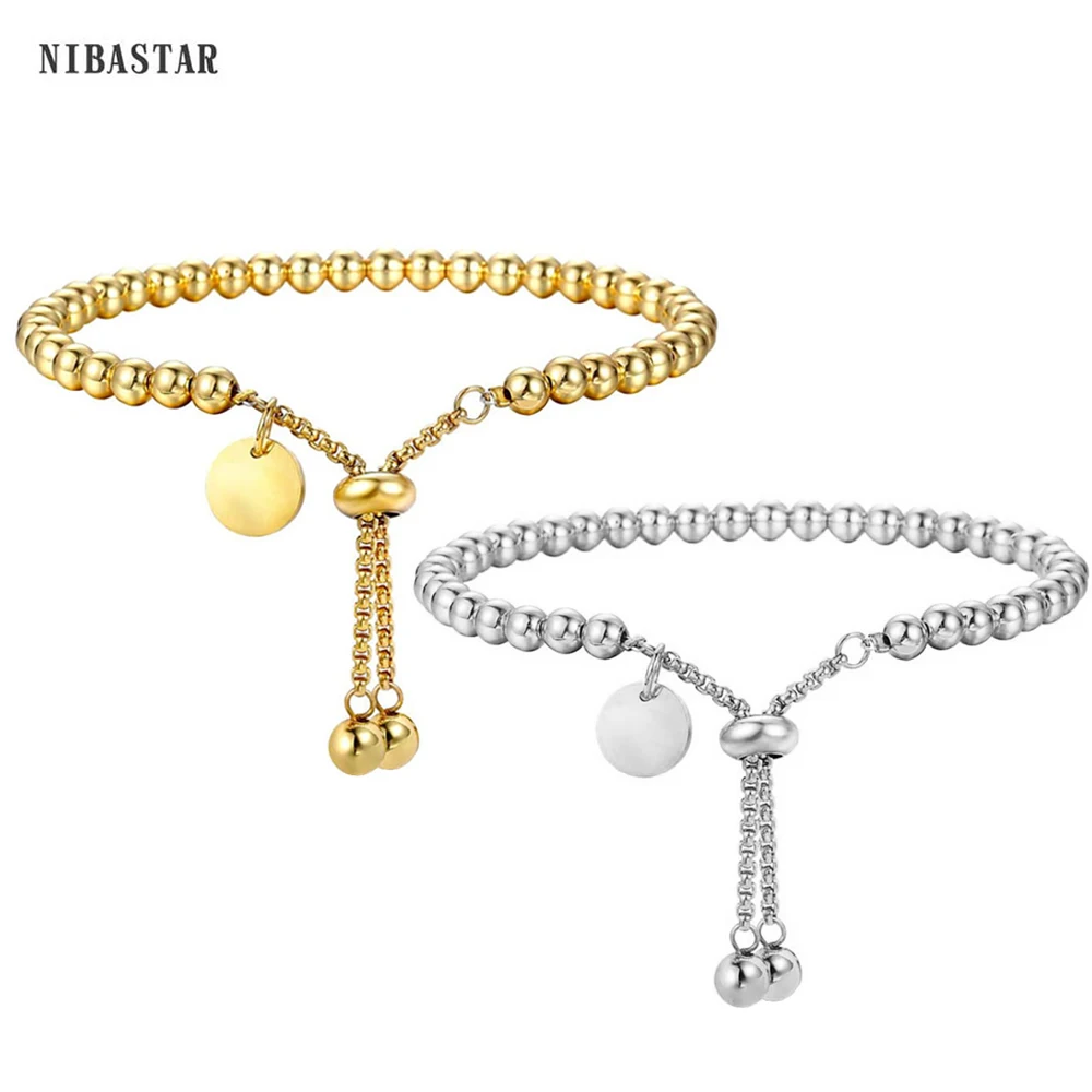 Adjustable Length Stainless Steel Jewelry 4MM Round Ball Beads Charm Bracelets For Women