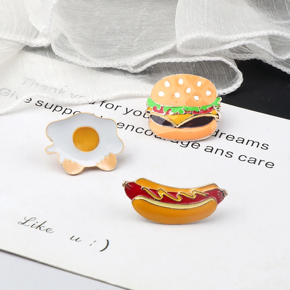 Hamburger Pizza Fries Hot Dog Chicken Legs Poached Eggs Enamel Brooch Pin Hat Shirt Collar Decoration Fast Food Brooches Jewelry