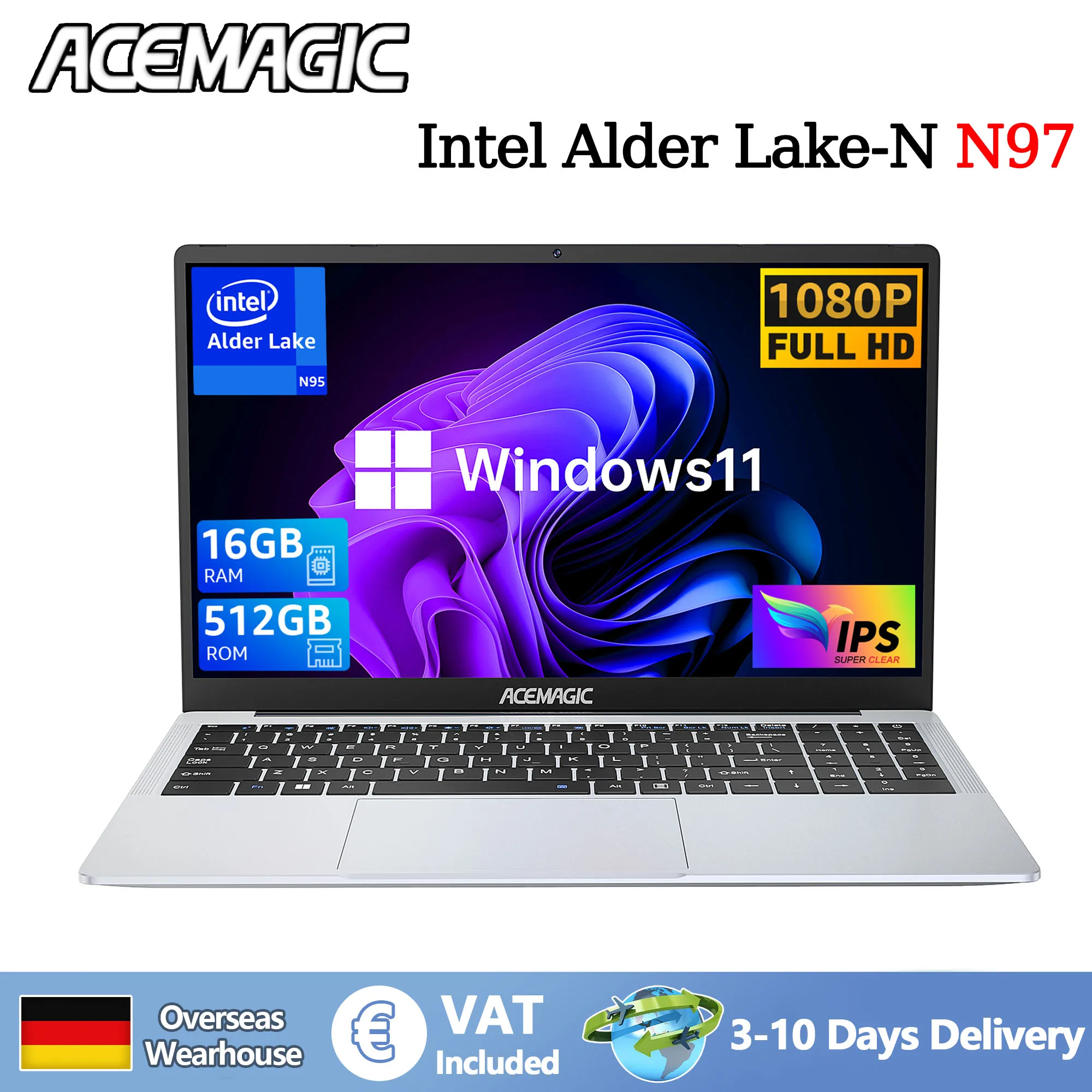 Laptop ultrasottile da 15,6 pollici, 16 GB di RAM, 512 GB di SSD, Intel N97, notebook da gioco, display 1920*1080, computer da ufficio e studio, Windows 11 Pro