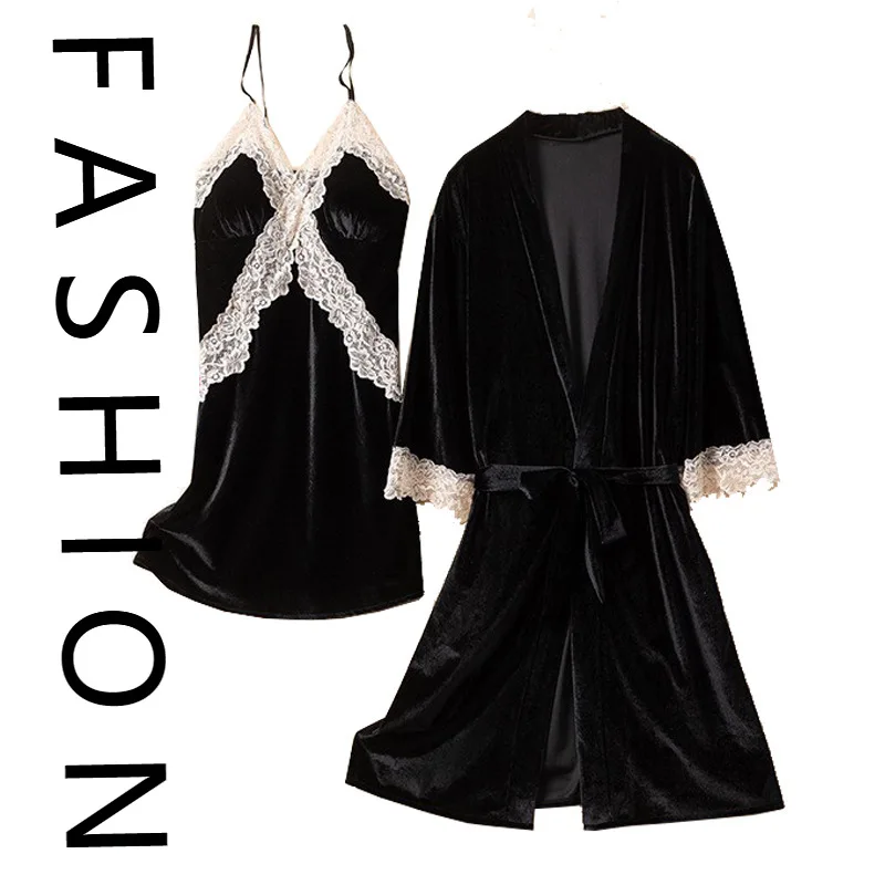 

Золотая бархатная пижама, женская осенне-зимняя пижама «Чистое желание», сексуальный кружевной костюм с длинными рукавами и нагрудником, ночная рубашка на подтяжках, халат