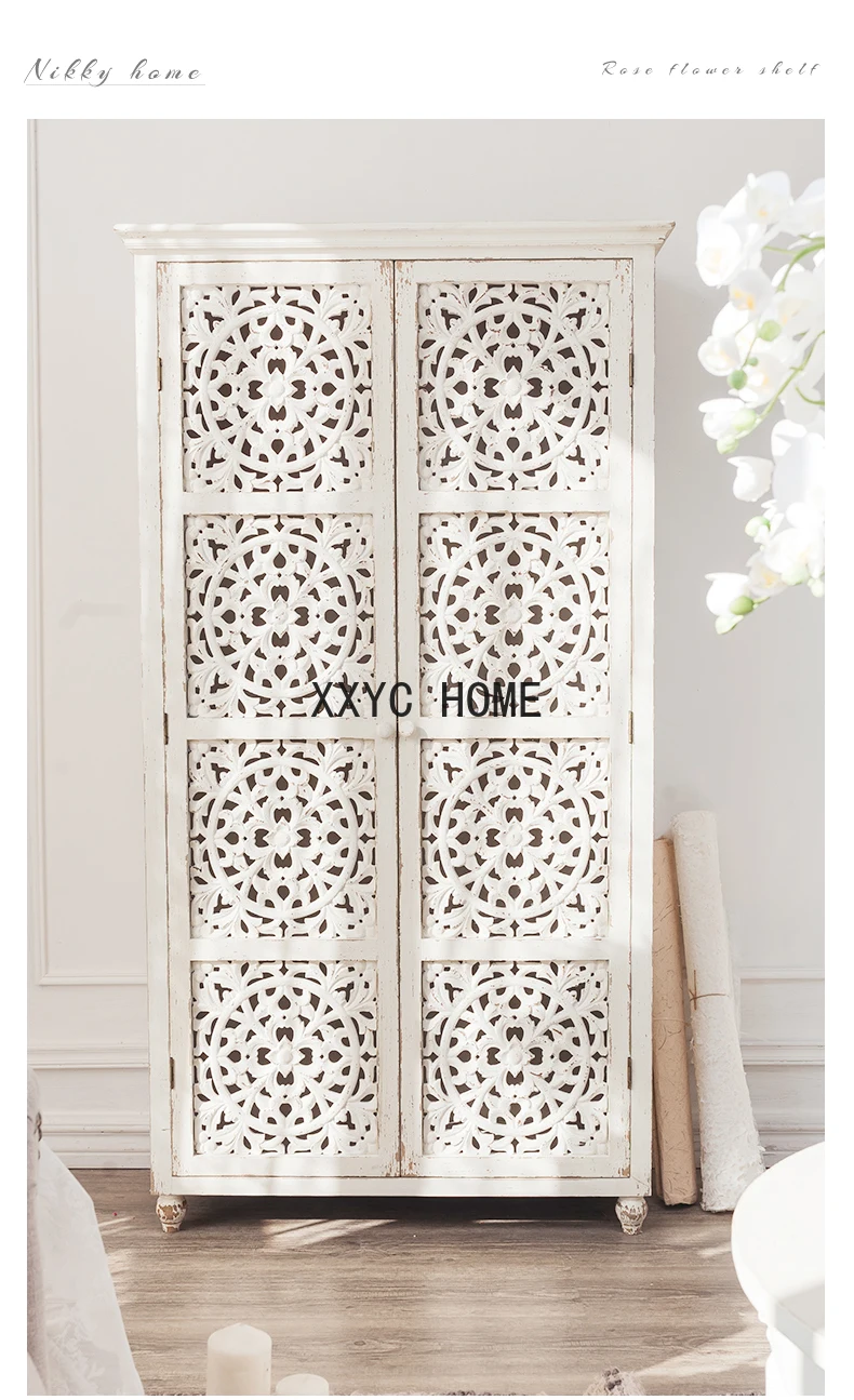 French Layered Partition Wardrobe Household Bedroom Carved Storage Cabinet Double-Door B & B