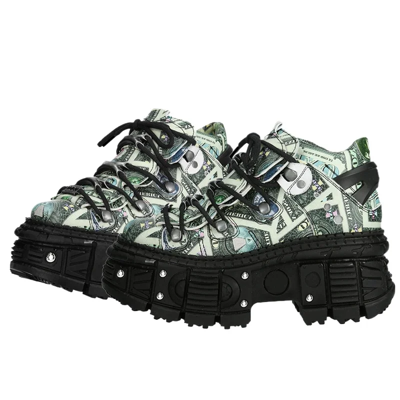 

Fashion Printed Metal Rivet Punk Shoes Round Toe Tank Thick Sole Cross Tied Lace Up Women's Ankle Motorcycle Boots Rock