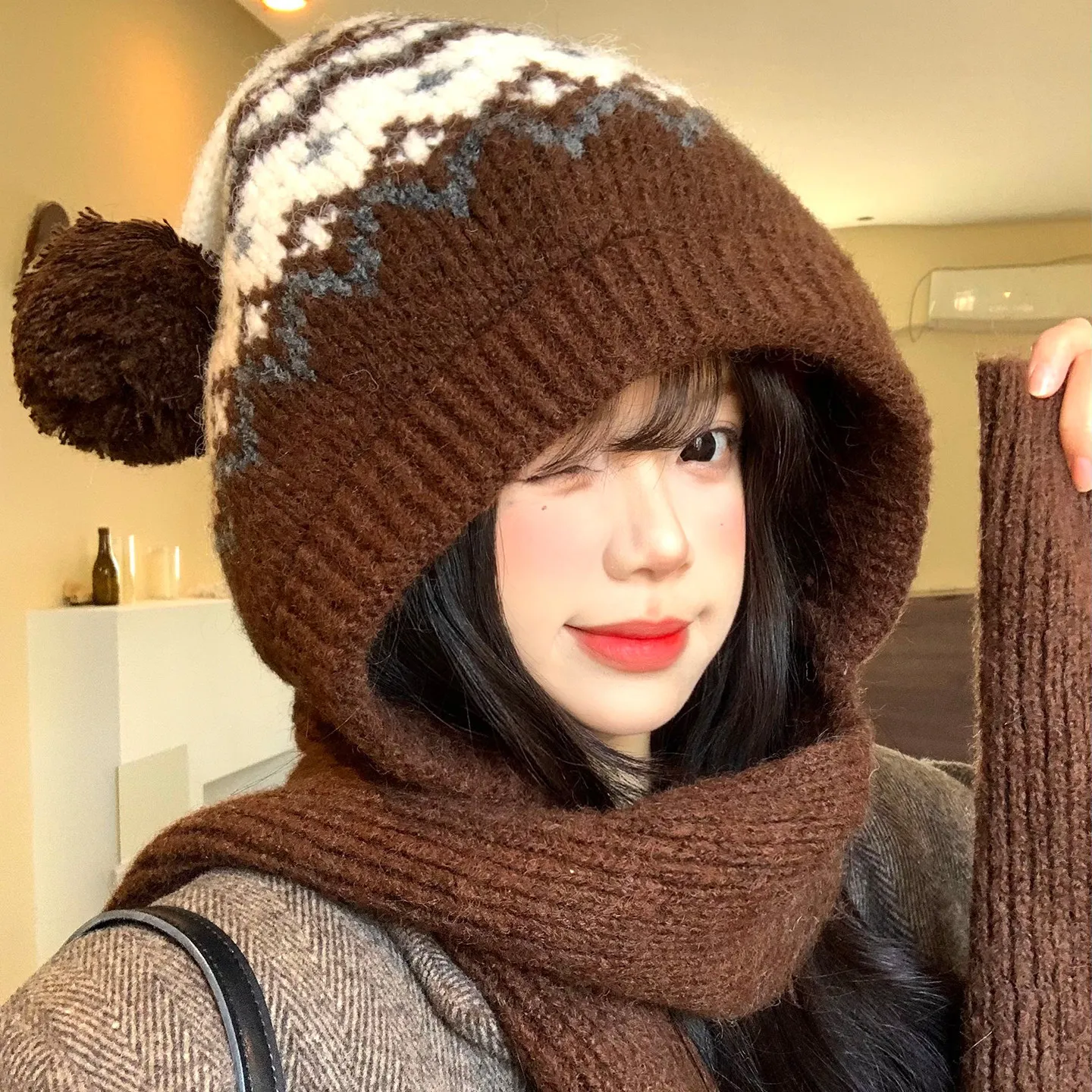 Fair Island Vintage Coffee Balaclava Hat Women's Winter Warm Wool Hat Scarf Integrated Hooded Scarf