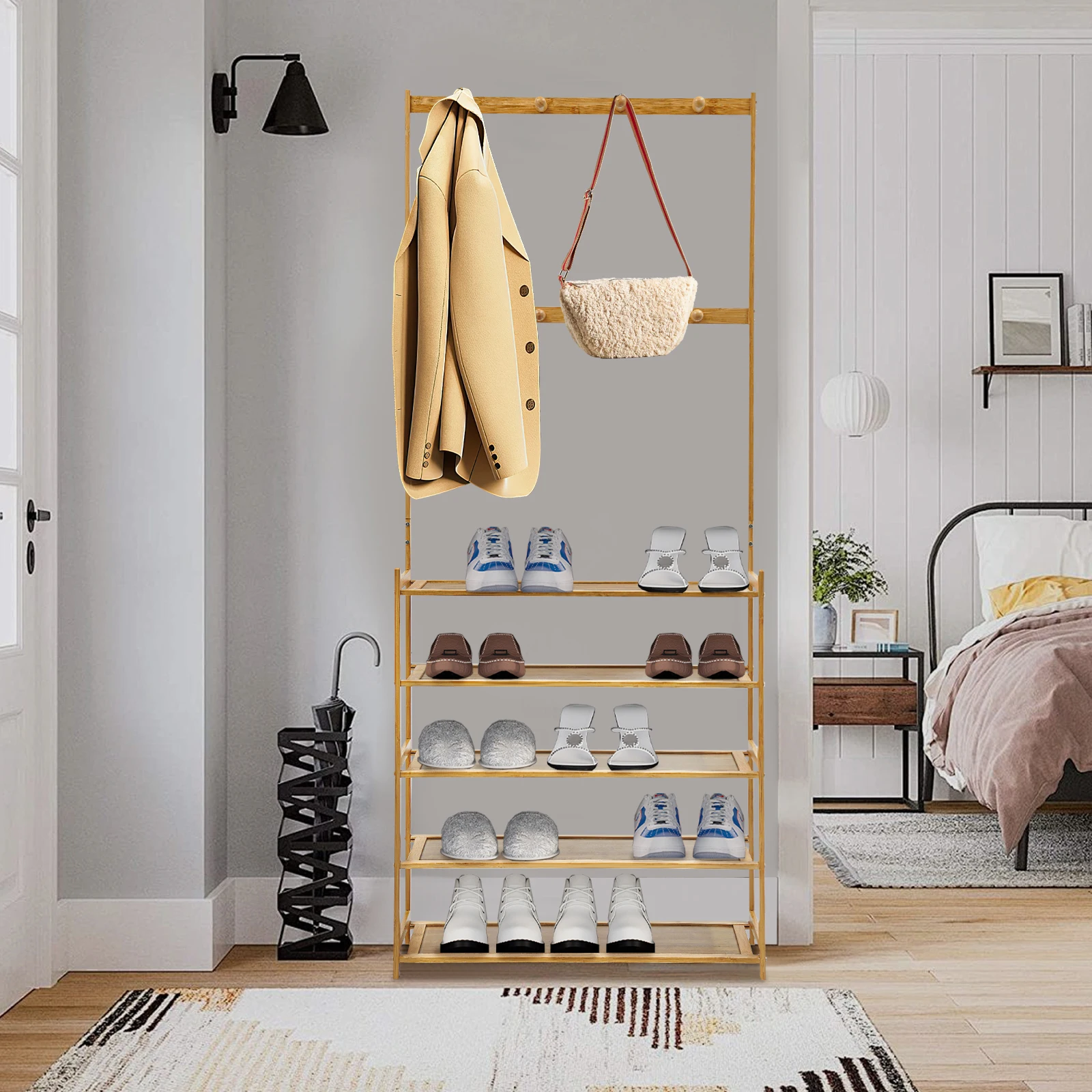 

5 Tier Shoe Rack 70*25*170cm with 8 Hooks Coat Rack Each Tier Load-bearing Capacity About 10kg