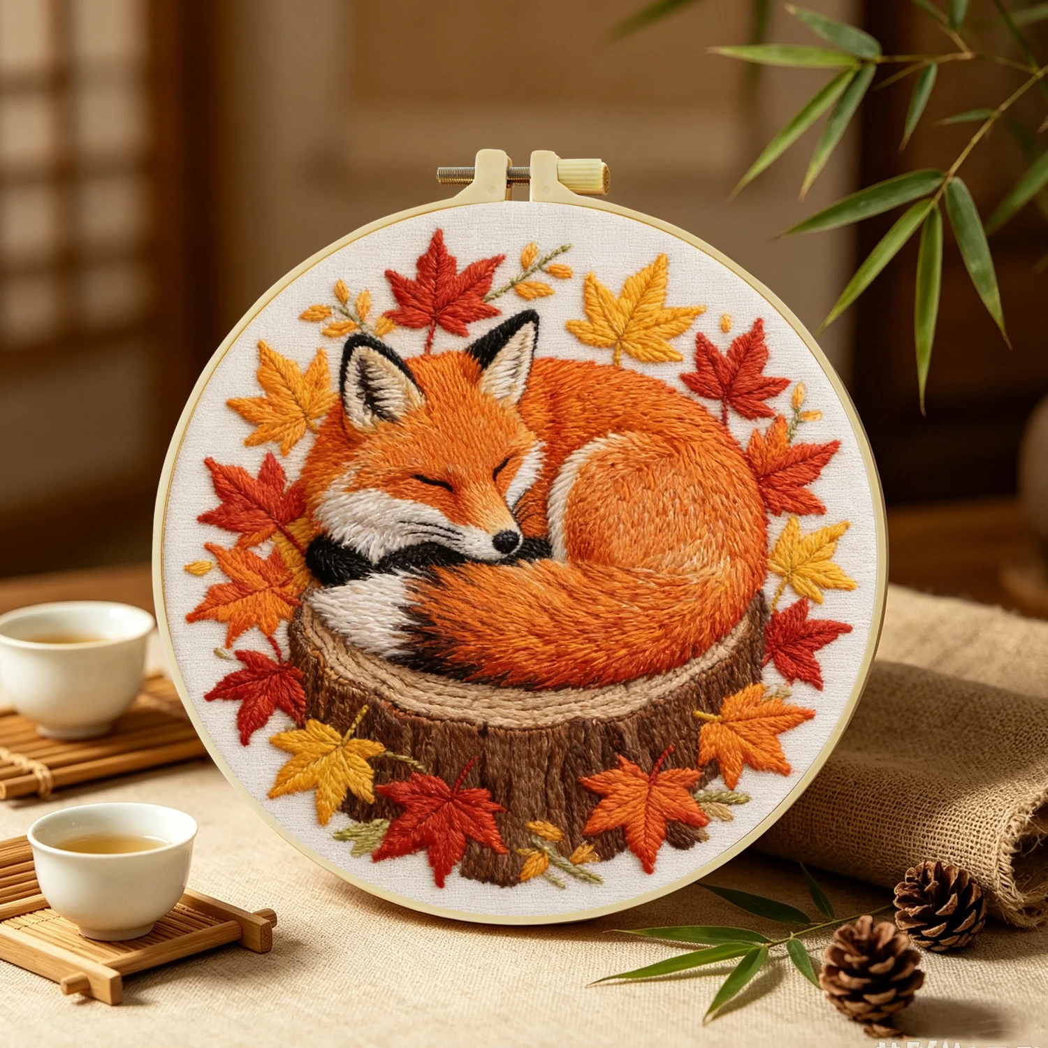 1Set Fox Curled Sleeping Diy Embroidery Kit For Beginner Embroide Starter Kit Cross Stitch Art Gift Needlework Craft