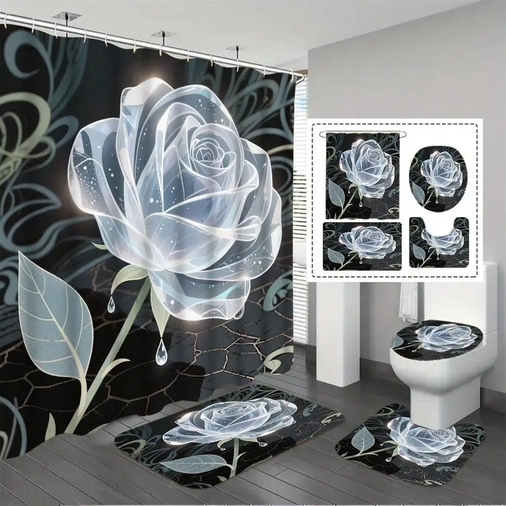 

4pcs Set Of Icy Transparent White Rose Print Luxury Bathroom Shower Curtain Set, Including Non-Slip Bath Mat, U-Shaped Rug, And Toilet Lid Cover, Home Decor Bathtub Partition Bathroom Accessories