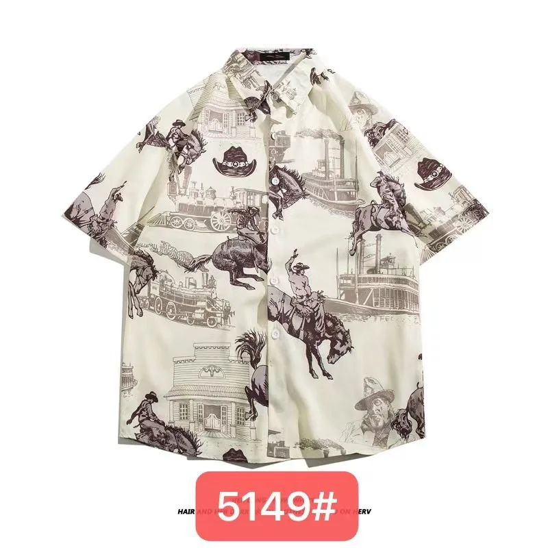 New Hawaiian Ice Silk Short Sleeved Flower Shirt Korean Edition Fashion Men Travel Shopping Summer Lightweight Loose Beach Shirt