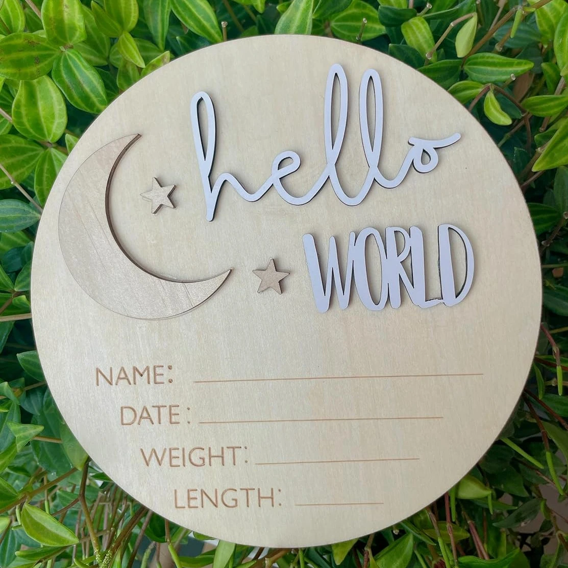 5.9inch Moon & Stars Hello World Birth Announcement Sign for Newborn Birth Stats Wooden Birth Announcement Plaque