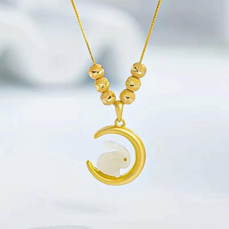 High Quality Gold Neck Jewelry, 24K Jade Rabbit Watching the Moon Gold Beads Necklace Cute Style Clavicle Chain for Women