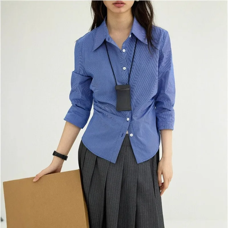 

Fashionable Retro Style Versatile Pleated T-shirt Waist-cinching and Slimming Top Multi-season Wear Plaid Shirt Women's Clothing