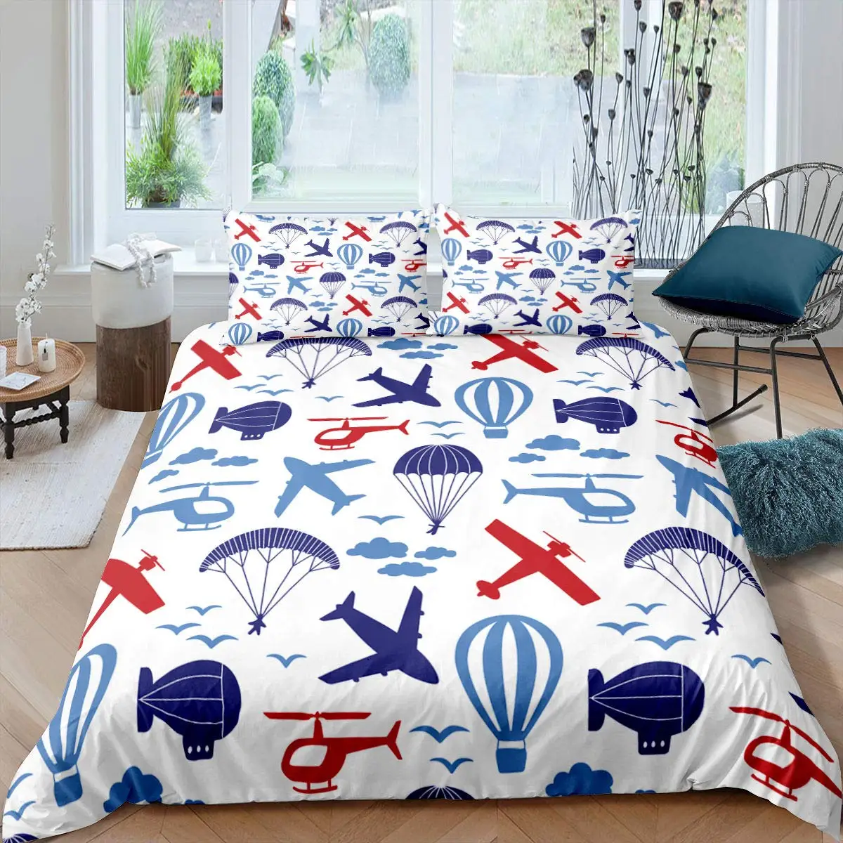 

Airplane Cartoon Aircraft Duvet Cover for Boys Teens Hot Air Balloon Aviation Parachute Blue Cloud Sky Seagull Nautical Birds