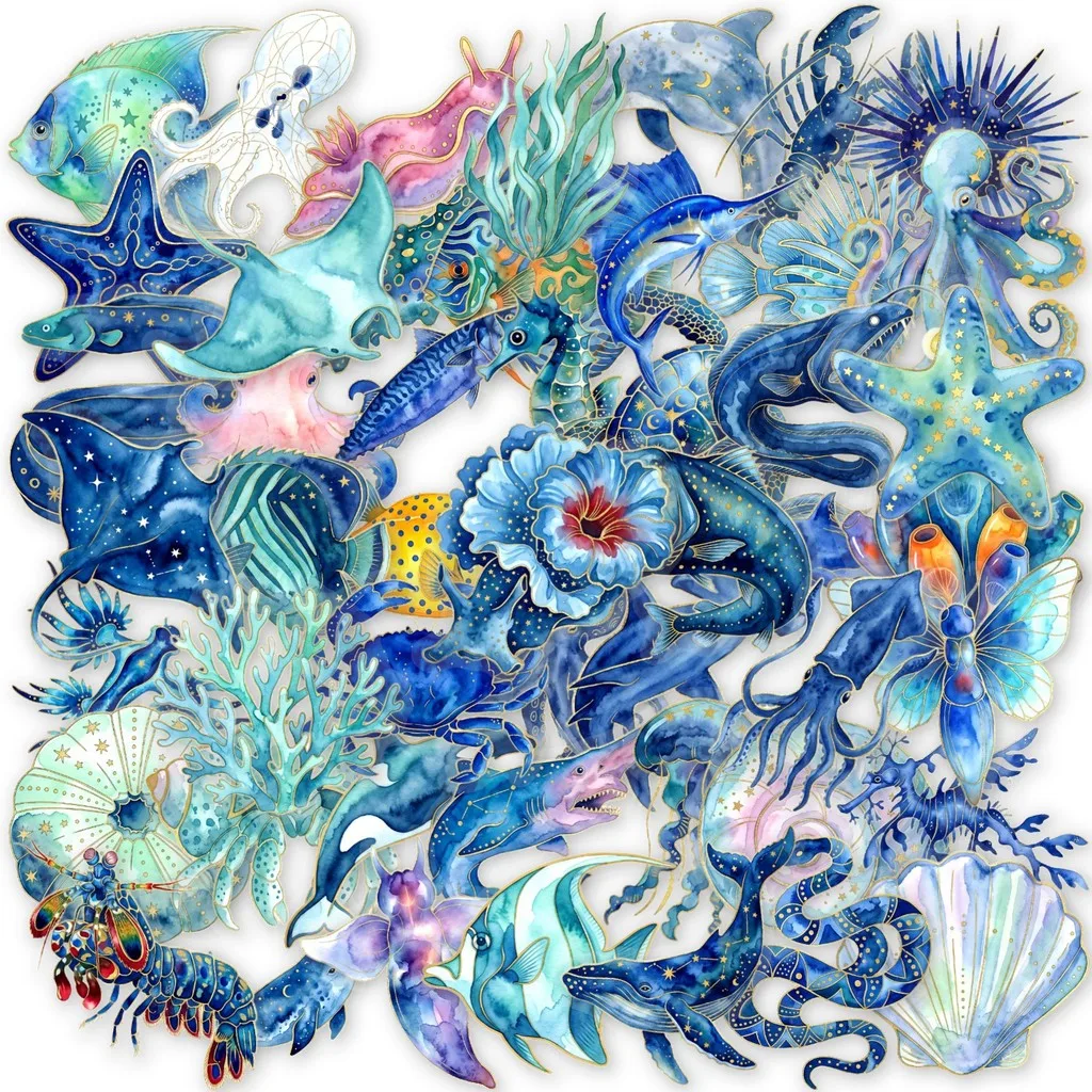 50Pcs Blue‑Tone Underwater World Clear PET Stickers, Starfish Seahorse Coral Shell Ocean‑themed Decals Papery Pop Store