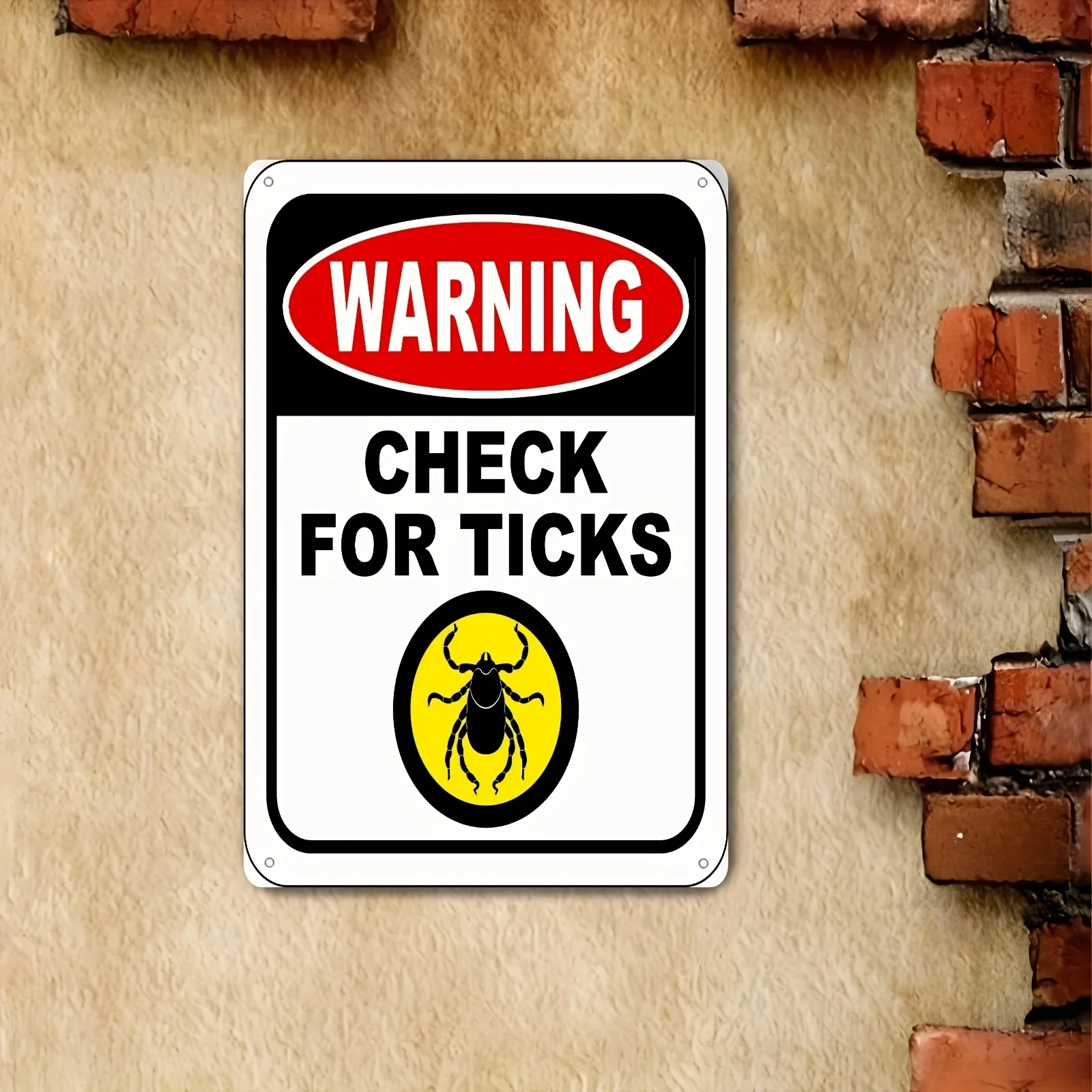 2D Flat Warning CHECK FOR TICKS Metal Sign, a Flat 2D Outdoor Wall Decoration, Perfect As a Gift Idea