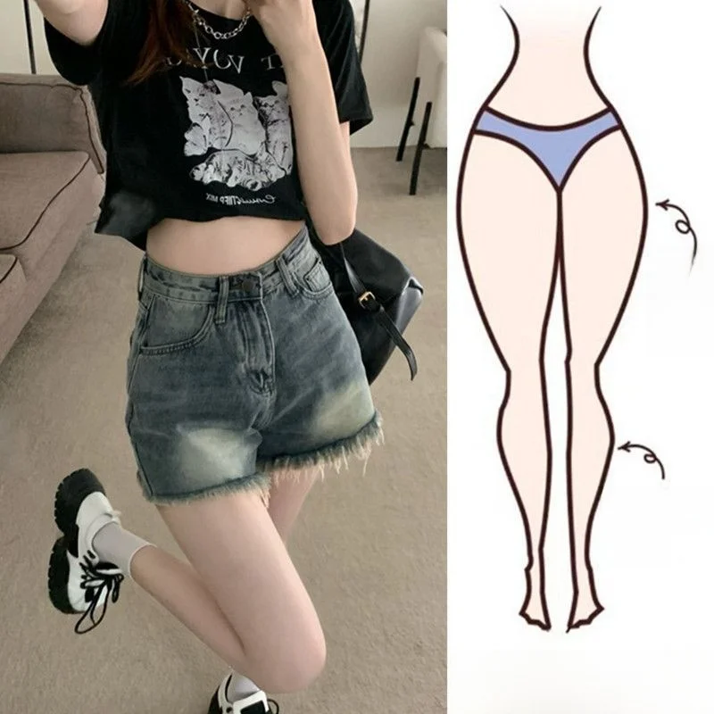 

Retro Frayed Hem Denim orts Women's Spring New Spicy Girl A-Line Hot Pants High Waist Slim Straight Wide Leg Jeans
