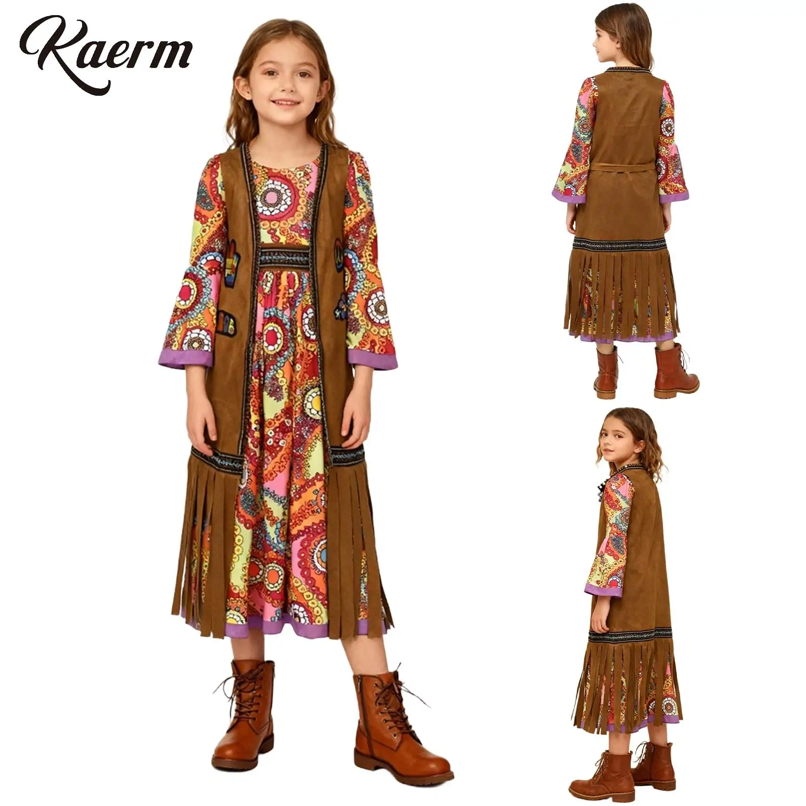 Disfraces Hippie para niñas, traje de Cosplay de Halloween, vestido Floral de manga larga con chaleco de borlas y diadema para fiesta temática