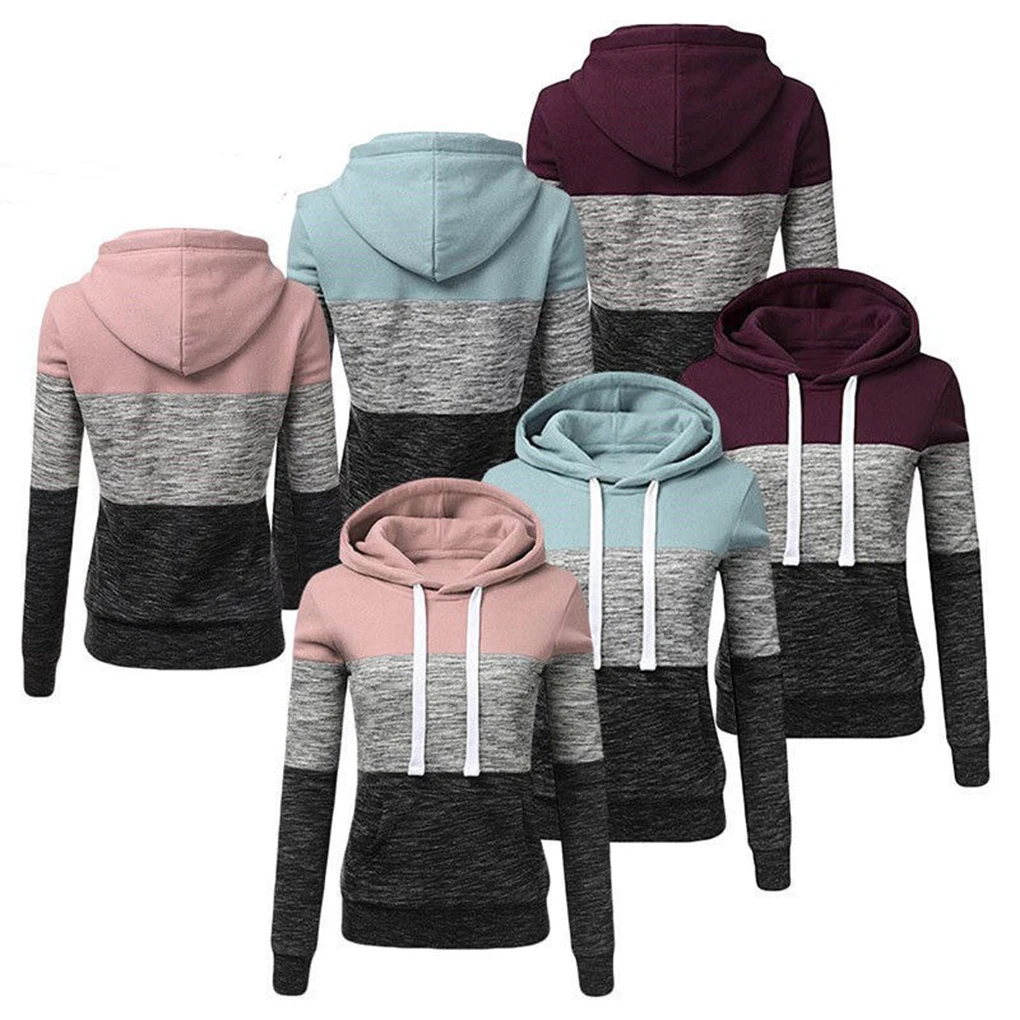 Women Girls Drawstring Hoodies Patchwork Pocket Hoodies Hooded Sweatshirt