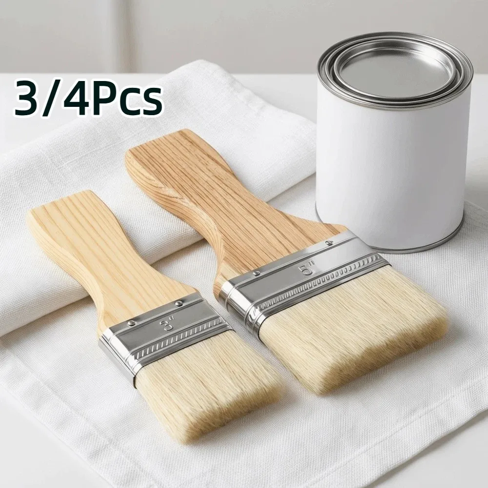3/4Pcs Wooden Handle Flat Paddle Paint Brushes Multipurpose Easy to Clean Artist Painting Brushes 2/3/4/5in Reusable