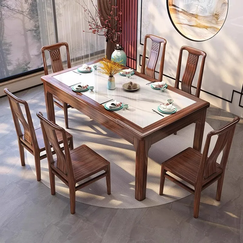 Wujin wood solid stone stone small rectangular dining table and chairs
