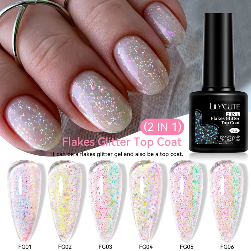 LILYCUTE 7ML Flocos Glitter Top Coat Efeito Folha de Ouro Nail Art Gel Esmalte Soak Off Verniz Semi Permanente Para Unhas DIY