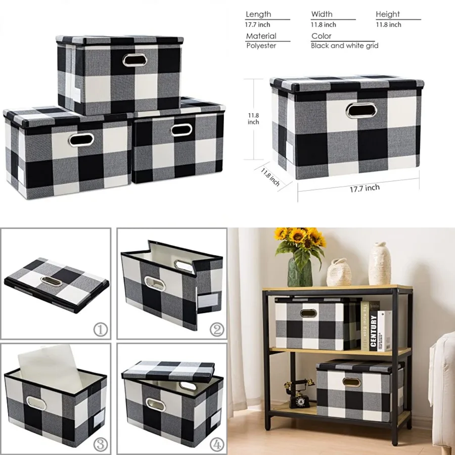 

Large Collapsible Storage Bins with Lids [3-Pack] Fabric Foldable Storage Boxes Organizer Containers Baskets Cube with Cover fo
