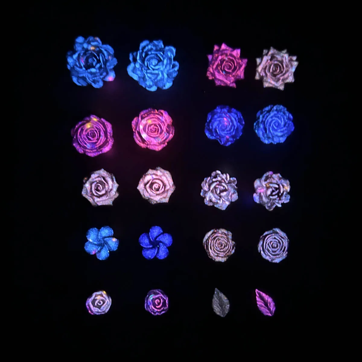 다양한 스타일의 연꽃 모란 장미 레진 네일 아트 참 3D 발광 모조 잎 꽃 혼합 네일 장식 DIY 네일 부품